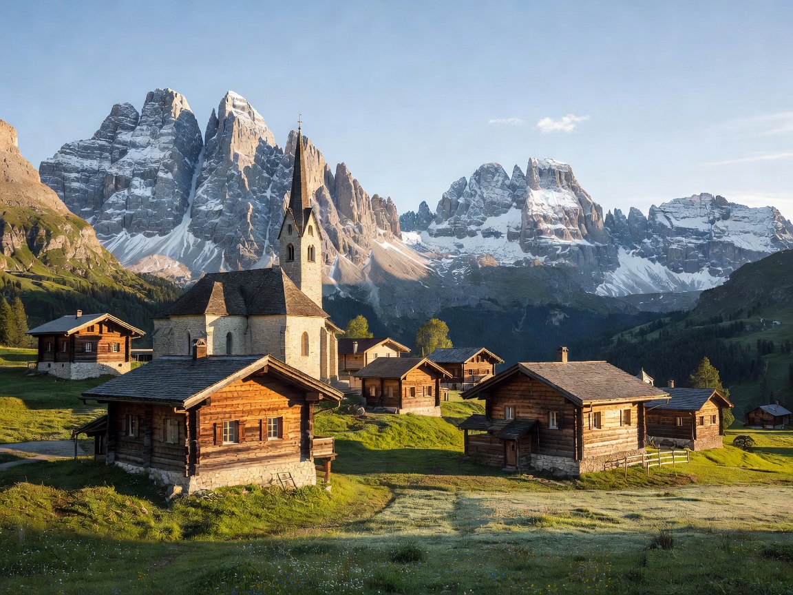 Alpine church and wooden chalets in Val di Funes Santa Maddalena Dolomites