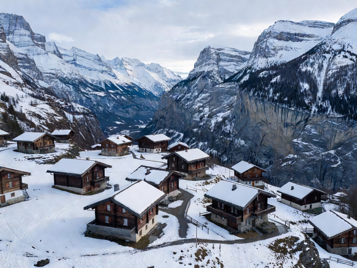 Car-free alpine settlement of Murren perched high above Lauterbrunnen valley