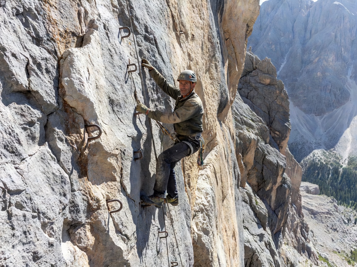 Climber securing iron cables on a dramatic Via Ferrata cliff