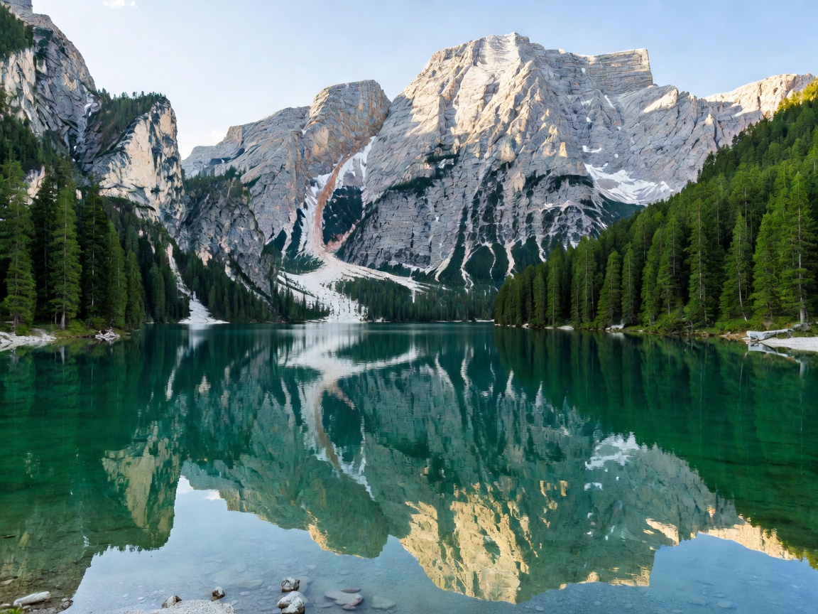 Crystal clear turquoise alpine lake surrounded by pine forests and mountains