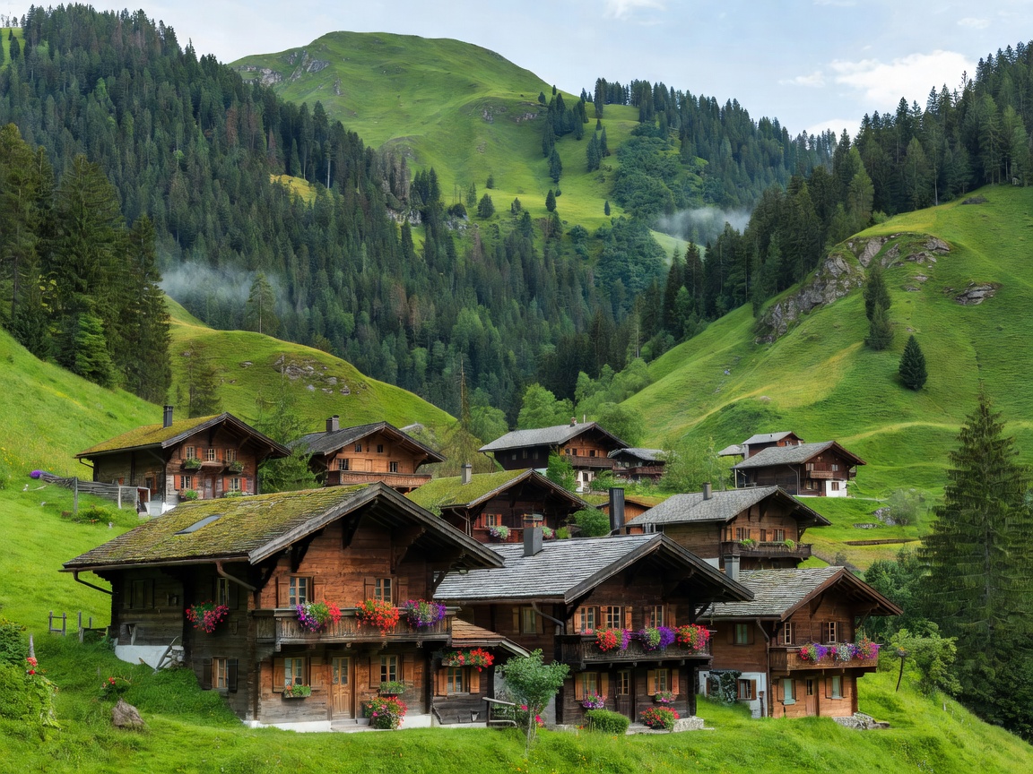 Picturesque wooden chalets in an Austrian mountain village with steep green hills