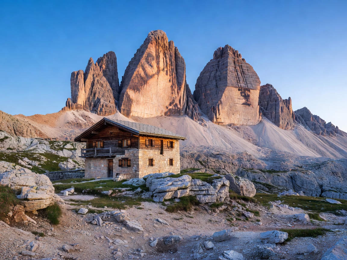Tre Cime di Lavaredo rugged limestone towers during sunrise in Dolomites Italy