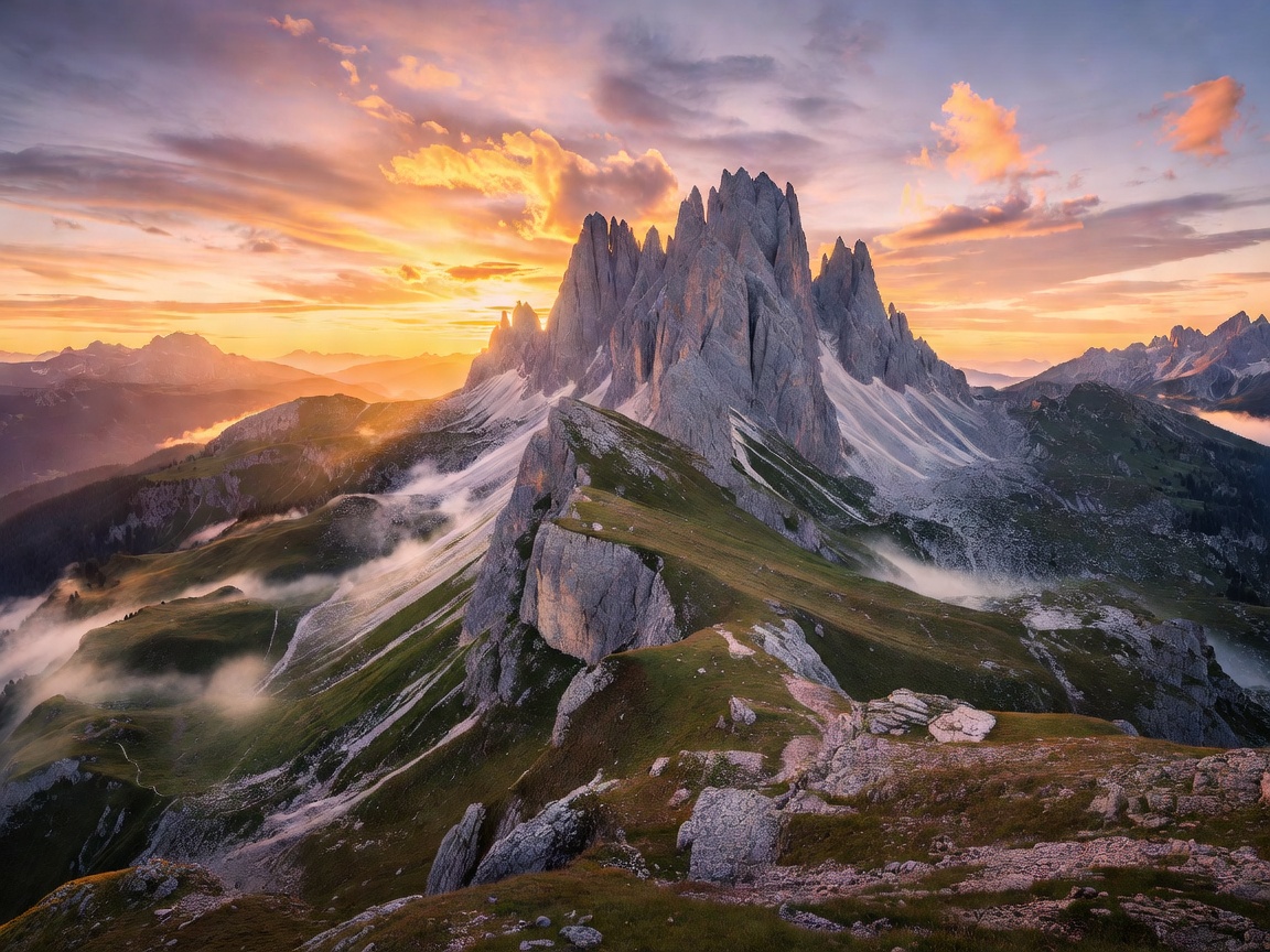 Spectacular sunrise over Seceda jagged ridge in Val Gardena Dolomites