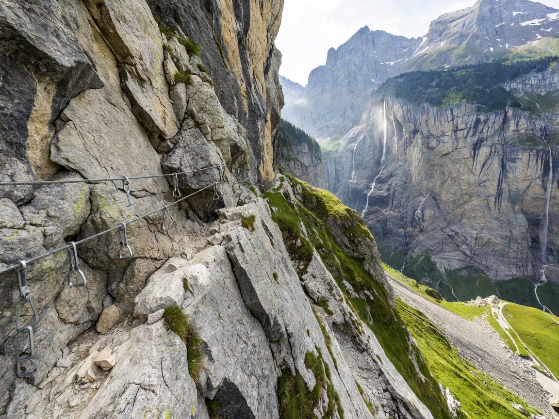 Hiker traversing steep alpine ridge in the Swiss Alps